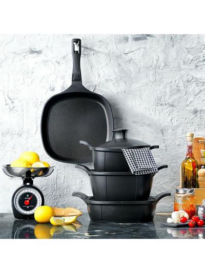 Schafer Felsen Yanmaz Yapışmaz Kare Döküm Tencere Seti 7 prç Siyah