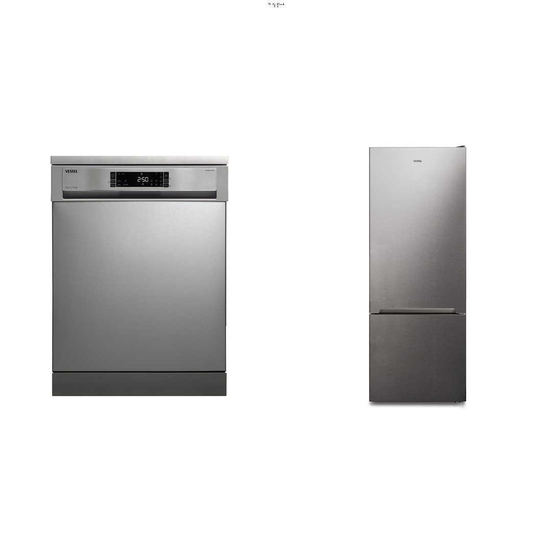 KRM-00019Vestel Inox Serisi 2’li Çeyiz Seti – WiFi Bulaşık Makinesi + Buzdolabı