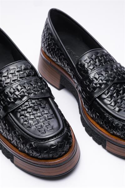 Siyah Örgü Deri Loafer