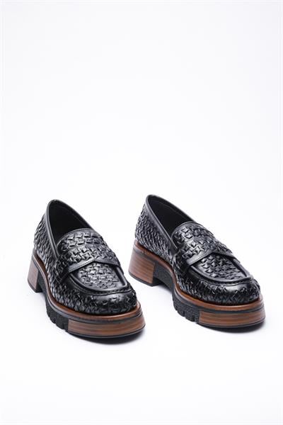 Siyah Örgü Deri Loafer