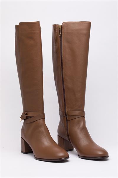 Taba Rengi Topuklu Deri Çizme