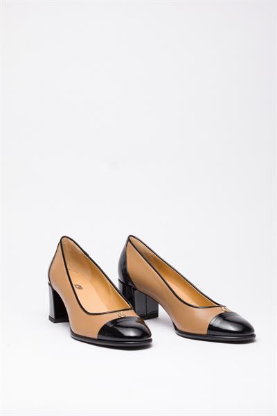 Bej Deri Topuklu Ayakkabı