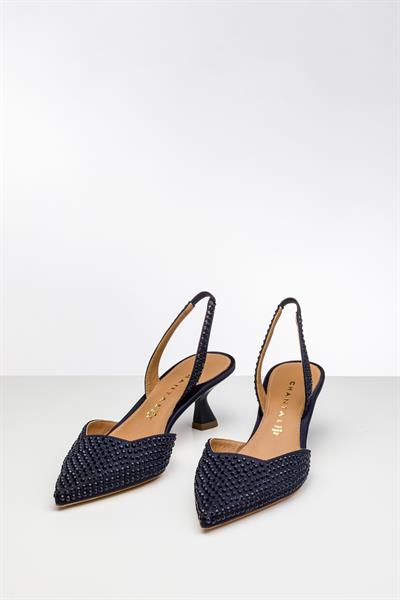 Lacivert Kristal Taşlı Topuklu Ayakkabı