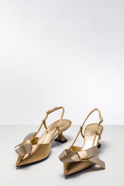 Bronz Rengi İpek Saten Topuklu Ayakkabı