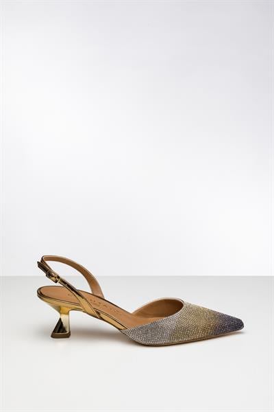 Degrade Kristal Taşlı Gold Topuklu Ayakkabı