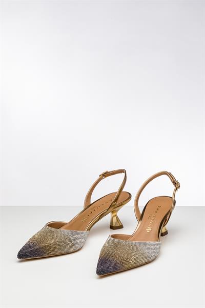 Degrade Kristal Taşlı Gold Topuklu Ayakkabı