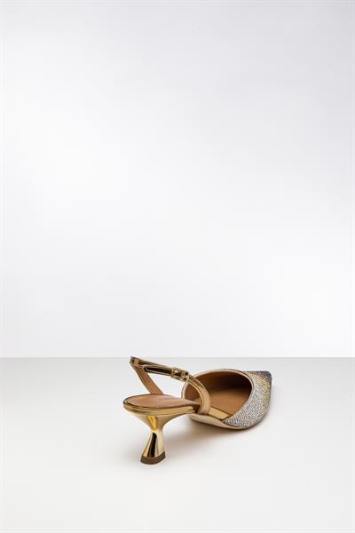 Degrade Kristal Taşlı Gold Topuklu Ayakkabı