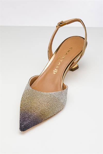 Degrade Kristal Taşlı Gold Topuklu Ayakkabı