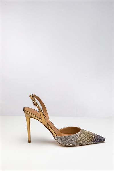 Degrade Kristal Taşlı Gold Renki Topuklu Ayakkabı
