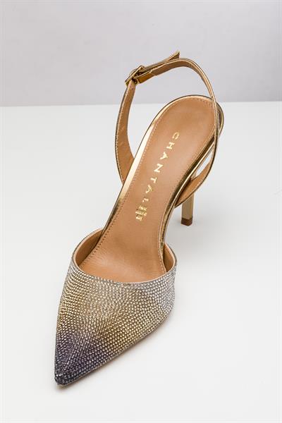 Degrade Kristal Taşlı Gold Renki Topuklu Ayakkabı
