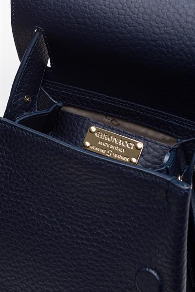 Lacivert Renkli Ahşap Detaylı Deri Çanta