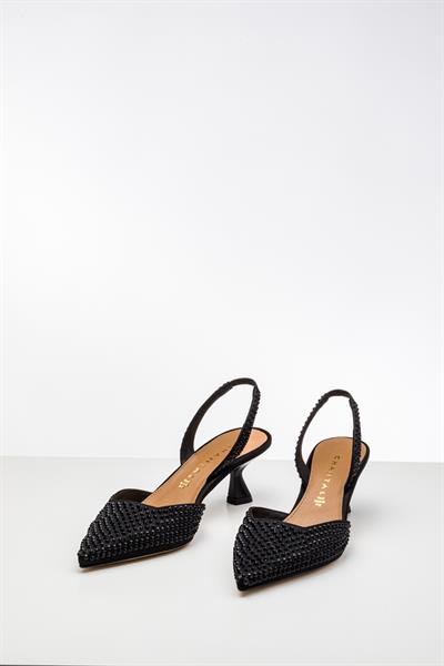 Siyah Kristal Taşlı Topuklu Ayakkabı