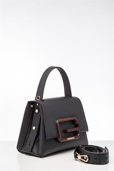 Siyah Renkli Ahşap Detaylı Deri Çanta