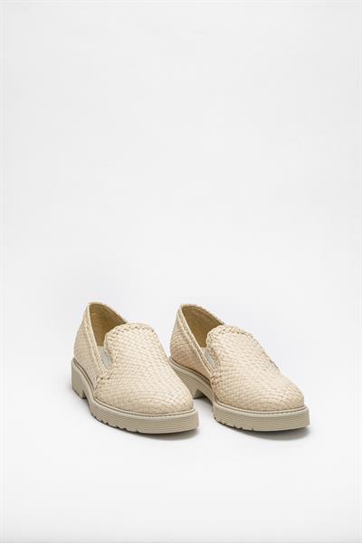 Krem Renkli Örgü Deri Ayakkabı
