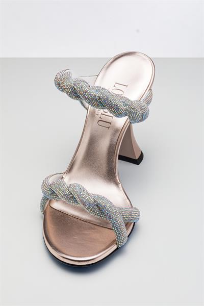 Rose Renkli Kristal Taşlı Topuklu Terlik