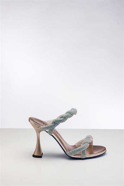 Rose Renkli Kristal Taşlı Topuklu Terlik