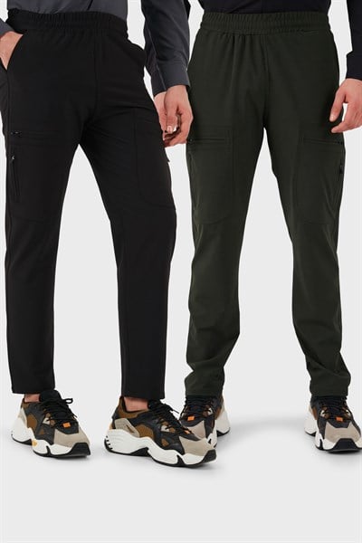 Buratti Normal Kalıp Kargo Cepli Lastikli Bel Trekking ve Kurye 2'li Paket Erkek Pantolon 693710S2 SİYAH-HAKİ