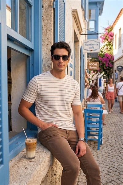 Buratti Pamuklu Çizgili Cep Detaylı Bisiklet Yaka Erkek T Shirt 5904057 VİZON