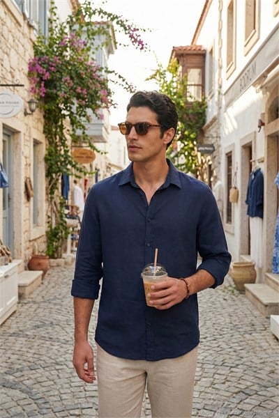 Pamuklu Regular Fit Klasik Yaka Uzun Kollu % 100 Keten Erkek Gömlek CF26S1210000 LACİVERT