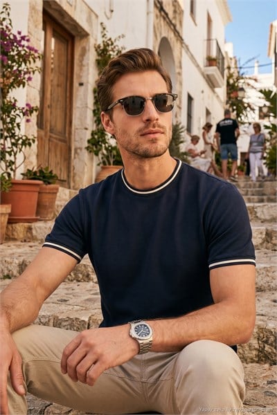 Pamuklu Regular Fit Şerit Detaylı Erkek T Shirt 5904089 İNDİGO