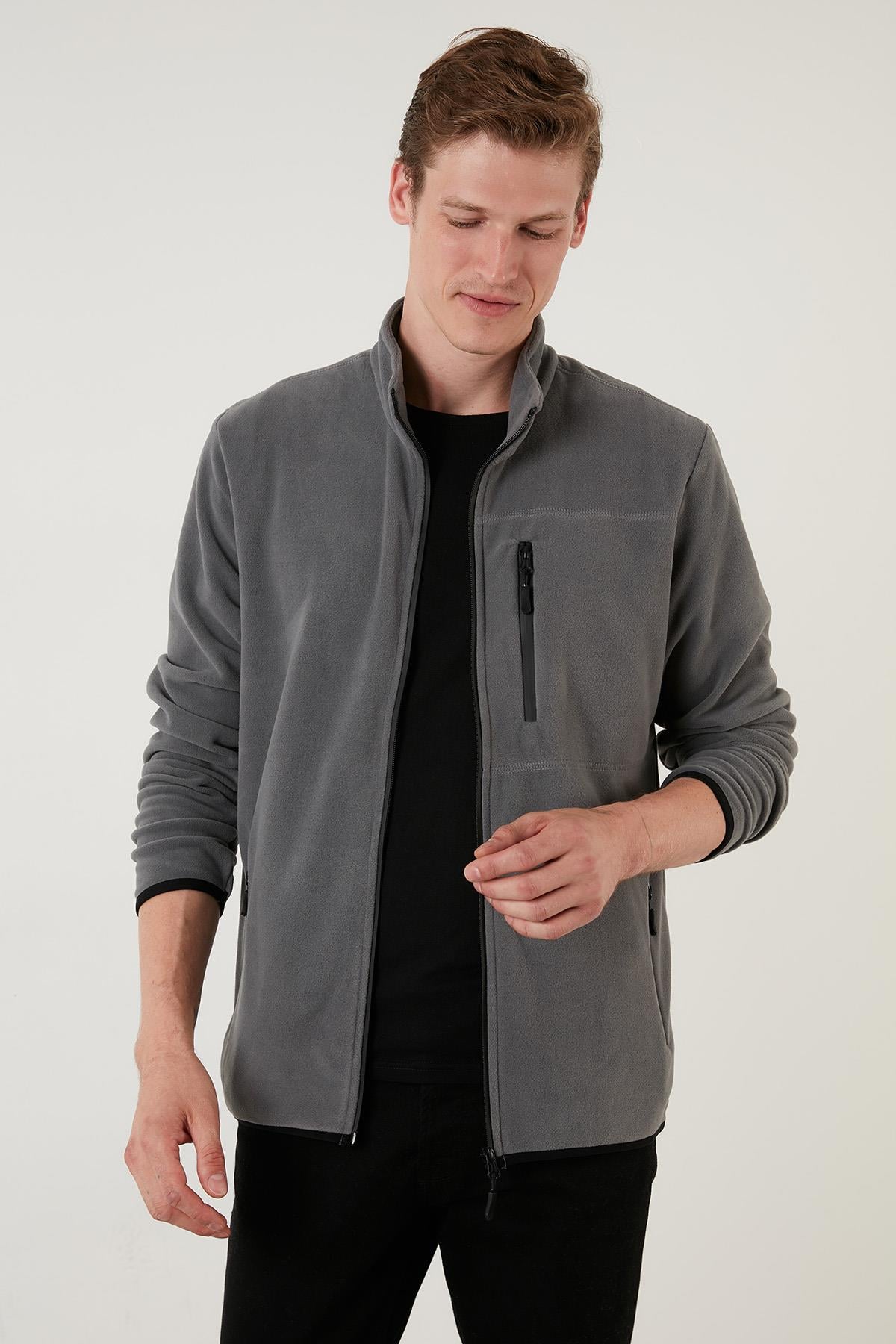 Buratti Slim Fit Fermuarlı Cepli Dik Yaka Polar Erkek Hırka