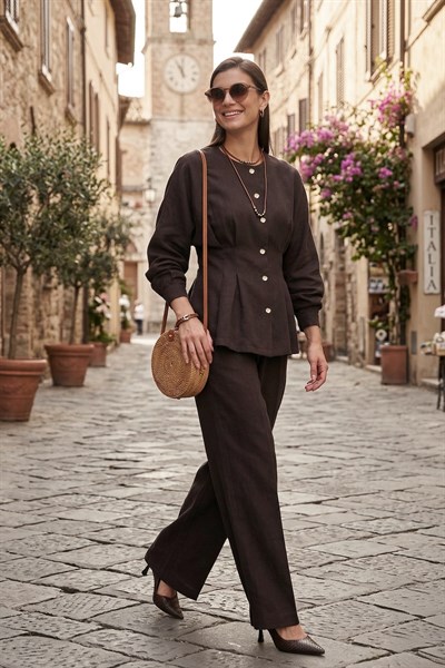 Lela Düğmeli Bisiklet Yaka Yüksek Bel Geniş Paça Kadın Takım 6928930 KAHVE