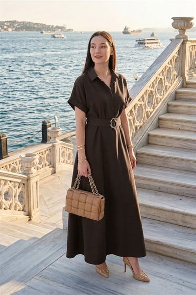 Lela Gömlek Yaka Kemerli Maxi Boy Kadın Elbise 6922376 KAHVE