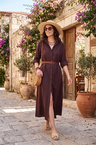Lela Modal Maxi Kemer Detaylı Klasik Yaka Uzun Kollu Kadın Elbise 6833270 MÜRDÜM