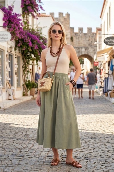 Lela Modest Pamuklu Relaxed Fit Lastikli Bel Tesettür Midi Kadın Etek 668YE4449 AÇIK HAKİ