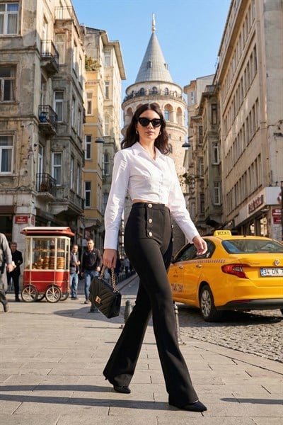 Lela Yüksek Bel İspanyol Paça Düğme Detaylı Kadın Pantolon 6522068 SİYAH