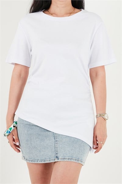 Pamuklu Yanı Büzgülü Asimetrik Kesim Bisiklet Yaka Kadın T Shirt 5867017 BEYAZ