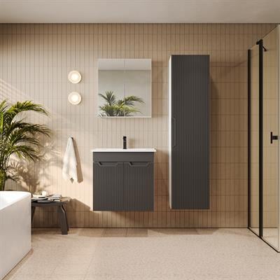 Banyo Dolabı, Ayna Ve Lavabo Seti, Boy Dolaplı 65 Cm, Antrasit Gri