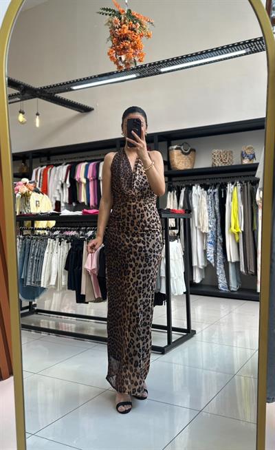 Sırt Dekolteli Leopar Elbise