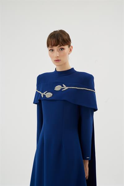 Vera Vera Lale Nakiş Desenli Şik Elbise Lacivert