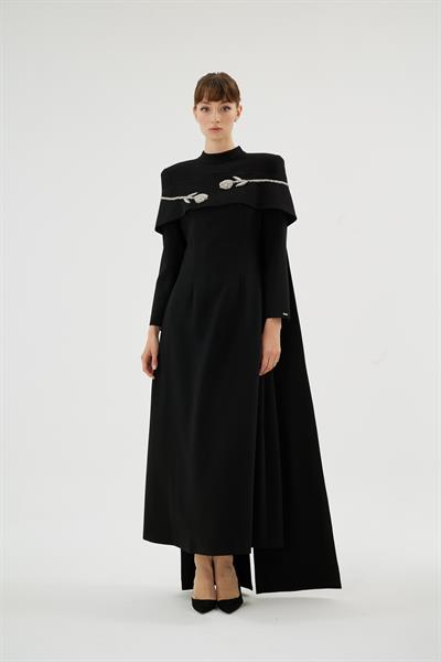 Vera Vera Lale Nakiş Desenli Şik Elbise Siyah