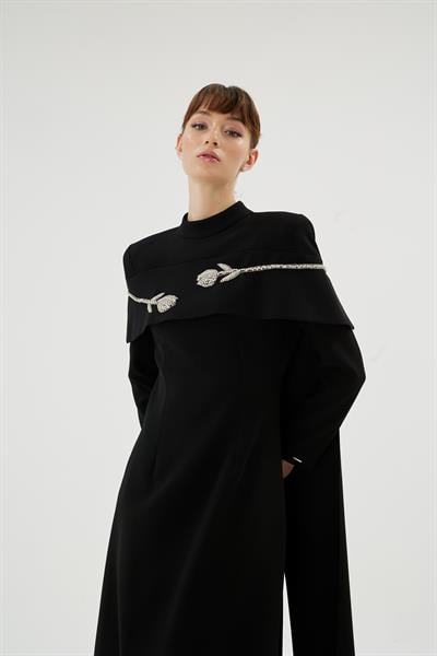 Vera Vera Lale Nakiş Desenli Şik Elbise Siyah