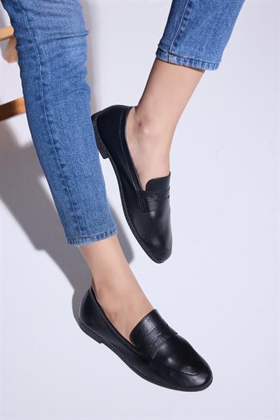 Mira Hakiki Deri Kadın Loafer Siyah