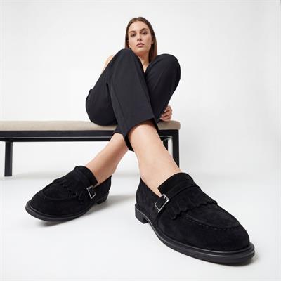 Julia Hakiki Deri Kadın Loafer Siyah Süet