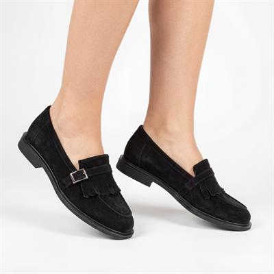 Julia Hakiki Deri Kadın Loafer Siyah Süet