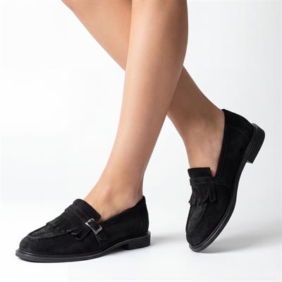 Julia Hakiki Deri Kadın Loafer Siyah Süet