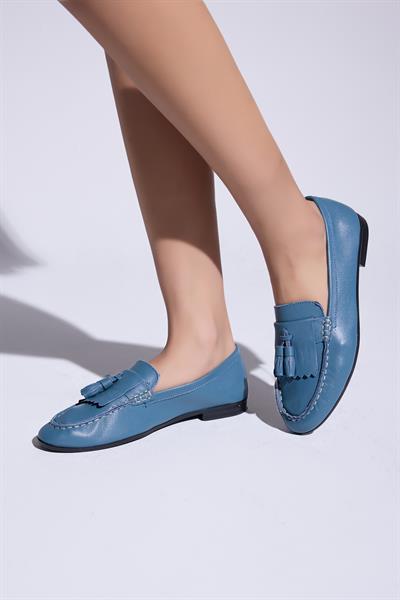 Maya Hakiki Deri Kadın Loafer Mavi