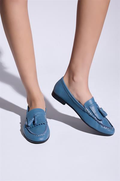 Maya Hakiki Deri Kadın Loafer Mavi