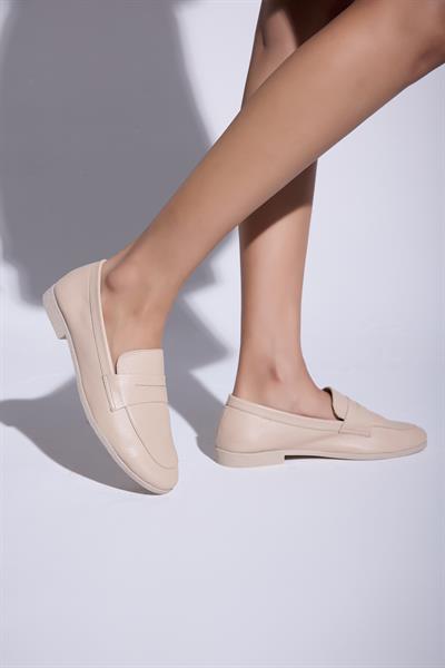 Mira Hakiki Deri Kadın Loafer Açık Bej