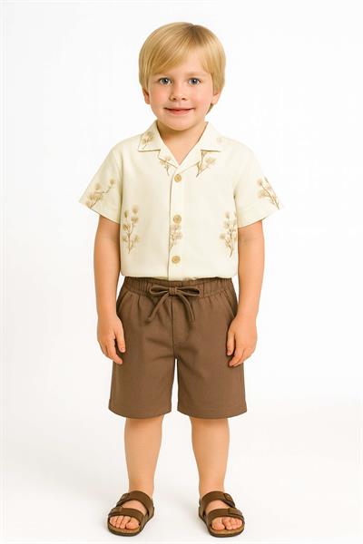 Erkek Çocuk Etamin Nakışlı Apaş Yaka Gömlek Şort Takım 3-8 Yaş 126626