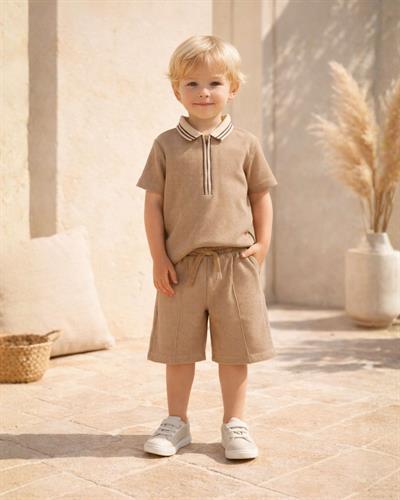 Erkek Çocuk Kahve Waffle Polo Yaka Şort Takım 3-8 Yaş 126622