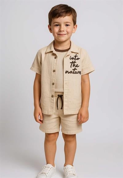 Erkek Çocuk Kordon Nakışlı Gömlek Şort Takım 9-14 Yaş 126645