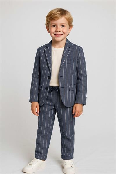 Erkek Çocuk Çizgili Keten Ceket Pantolon Takım 9-14 Yaş 126633