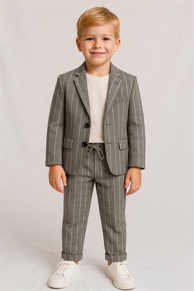 Erkek Çocuk Çizgili Keten Ceket Pantolon Takım 3-8 Yaş 126632