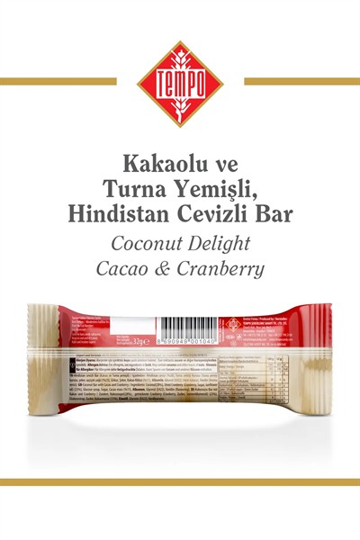 Kakaolu ve Turna Yemişli Hindistan Cevizli Bar 32 g x 12 Adet