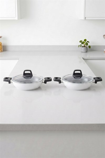 Taç Master Ceramica Cam Kapaklı 4 Parça Seramik Sahan Seti Beyaz (18-22 cm)